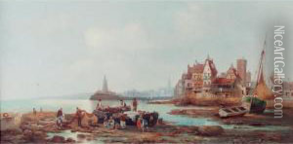 Study Of A Continental Coastal Town At Low Tide Oil Painting - Anton Schoth