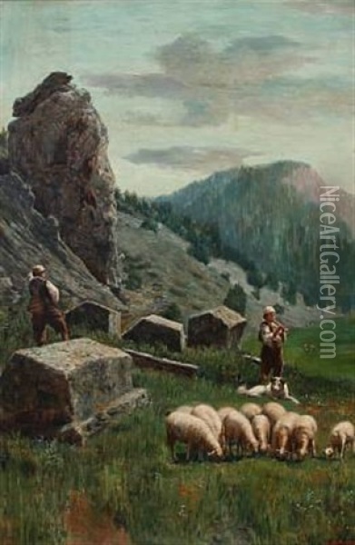 Shepherds In The Mountains With Their Sheep Oil Painting - Spiro Bocaric