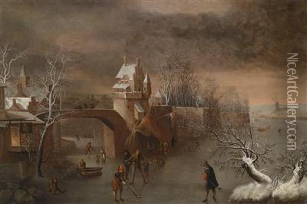 Skating Pleasures Near A Town Wall Oil Painting - Anthonie Beerstraten