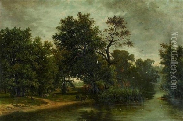 Parklandschaft Mit Einem Rudel Rotwild Am Wasser Oil Painting - Oskar Kroll
