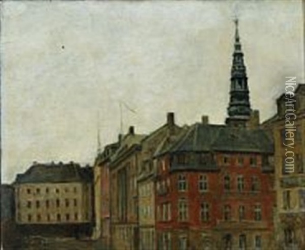 View From Hojbro Plads With The Spire Of St Oil Painting - Svend Hammershoi