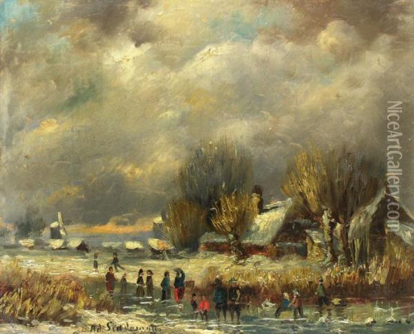 Winterlandschaft Mit Schlittschuhlaufern Oil Painting - Adolf Stademann