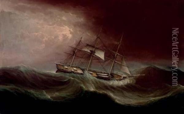 A Clipper Ship Battling Through A Hurricane Oil Painting - James E. Buttersworth