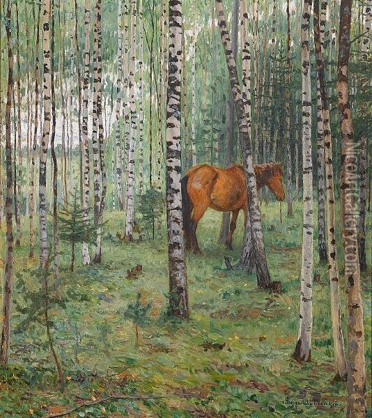 Horse Among The Birch Trees Oil Painting - Nikolai Petrovich Bogdanov-Belsky
