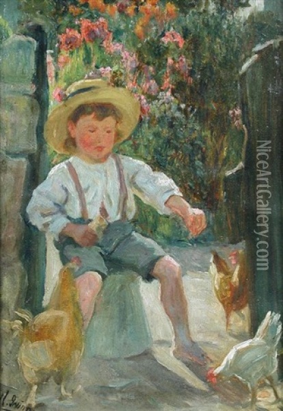 A Small Boy Feeding Chickens In A Garden In Summer Oil Painting - William Irving