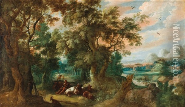 A Wooded Landscape With Shepherds And Their Flock Oil Painting - Abraham Govaerts