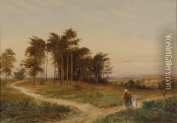 Summer Landscape With Two Figures In A Country Lane Oil Painting - John Teasdale