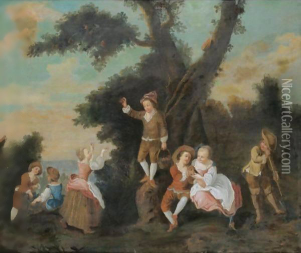 A Landscape With Children Harvesting Fruit Oil Painting - Nicolas Lancret