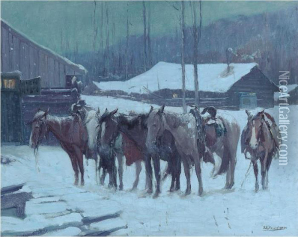Horses In Winter Oil Painting - Oscar Edmund Berninghaus