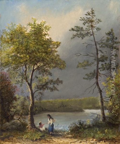 An Indian Woman And Child By A River Oil Painting - Edward Scope Shrapnel