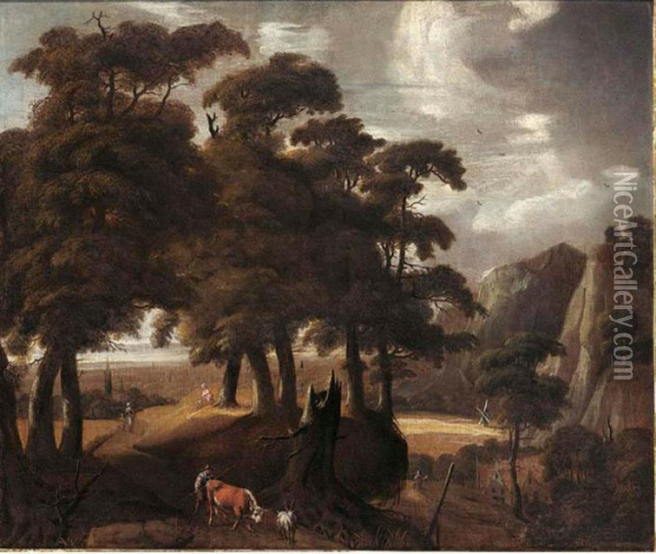 A Wooded Landscape With A 
Peasant And His Herd Together With Other Travellers On A Path, A Village
 In The Background Oil Painting - Jacques D Arthois