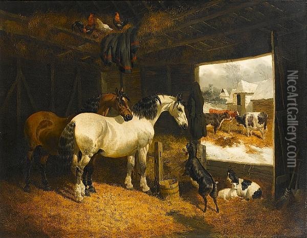Farmyard Scene With Horses, Goats And Cattle Oil Painting - John Frederick Herring Snr