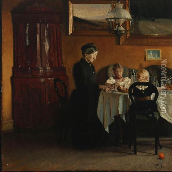 Interior With Woman And Children At The Table Oil Painting - Emil Winnerwald