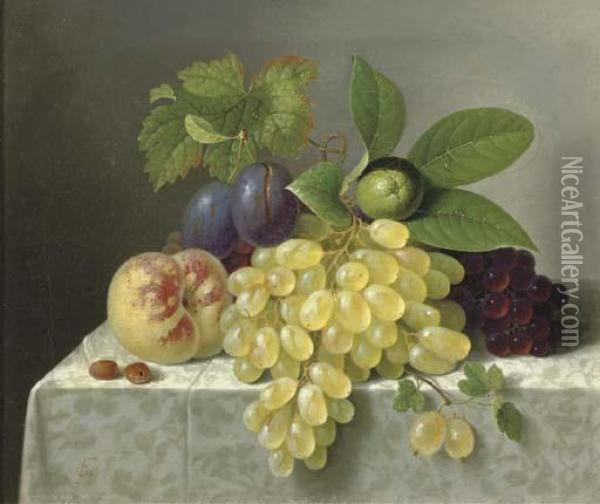Still Life With Grapes, A Peach And A Lime Oil Painting - Friedrich Wilhelm Schon