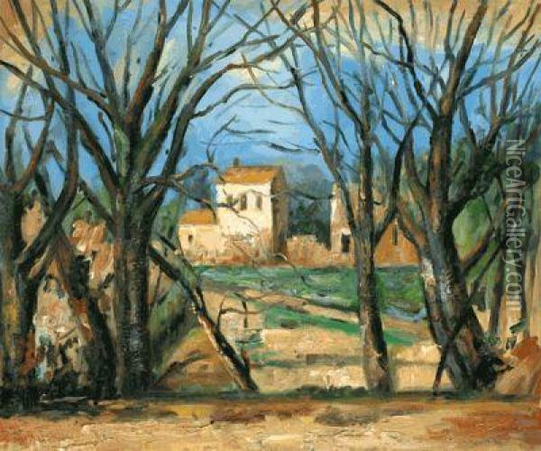 Trees And House Oil Painting - Paul Cezanne