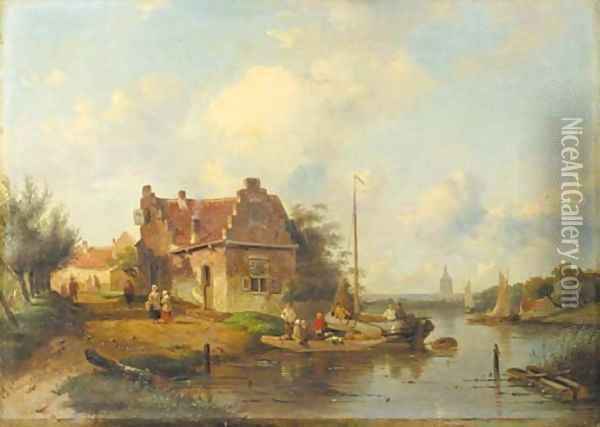 A river landscape with a ferry, a town beyond Oil Painting - Charles Henri Leickert