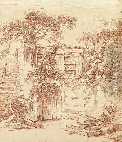 A garden shed built in the ruins of an old cottage overgrown with trees Oil Painting - Francois Boucher