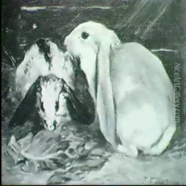 Two Lop Ear Rabbits Oil Painting - John Emms