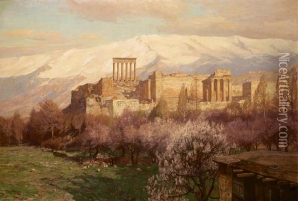 Le Rovine Del Tempio Del Sole A Baolbec In Turchia - 190(?) Oil Painting - Georg Macco