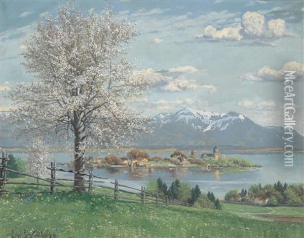 Apfelbaumblute Vor Fraueninsel Im Chiemsee Von Philipp Graf Sen. Munchen Oil Painting - Philipp Graf