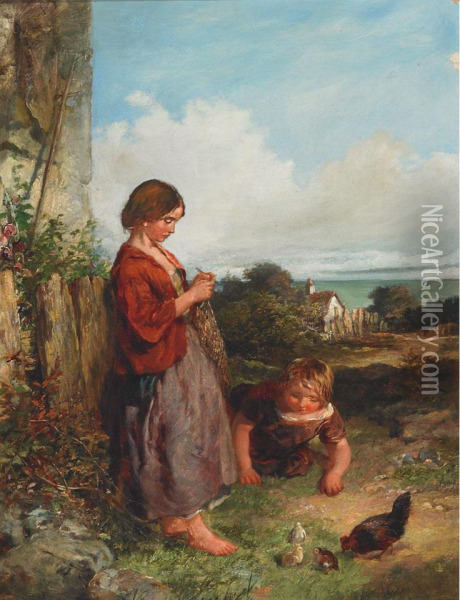 Playing With Chicks By The Sea Oil Painting - James Curnock
