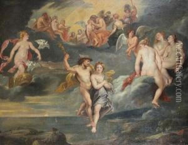 Mercury Escorting Psyche To The Heavens Forher Marriage With Cupid Oil Painting - Erasmus II Quellin (Quellinus)