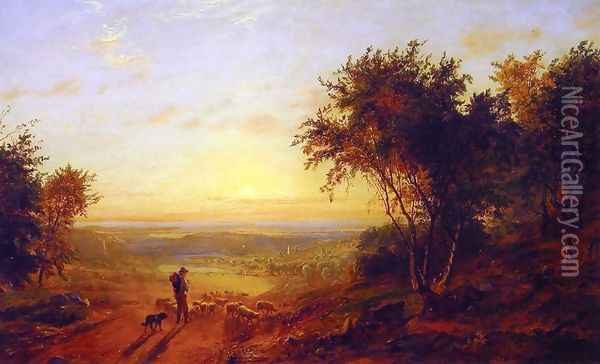 The Return Home: Landscape with Shepherd and Sheep Oil Painting - Jasper Francis Cropsey