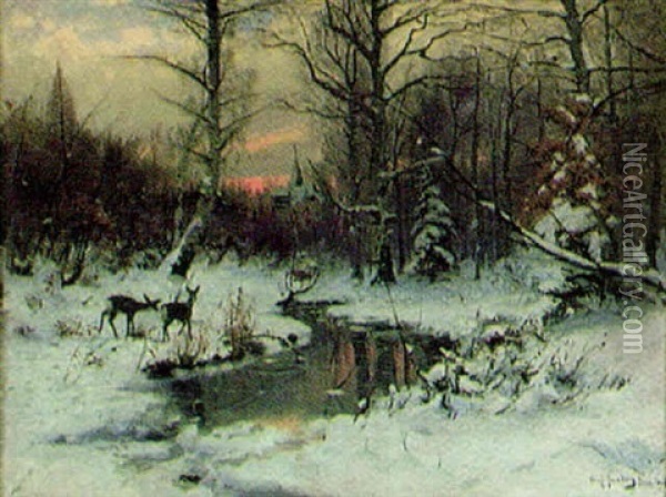 Vinterlandskap Med Radjur Vid Tjarn, Aftonstamning Oil Painting - Olof August Andreas Jernberg