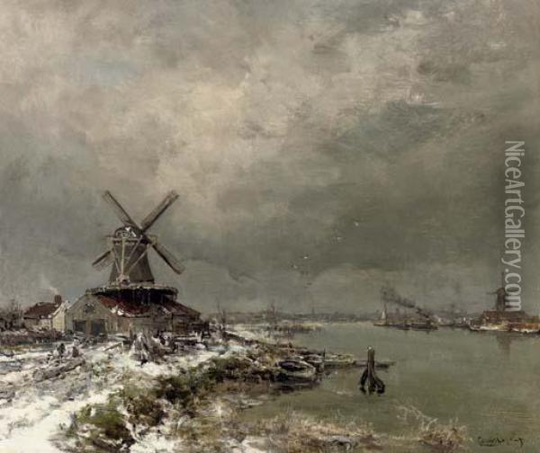 A Windmill Along A River In Winter Oil Painting - Louis Apol