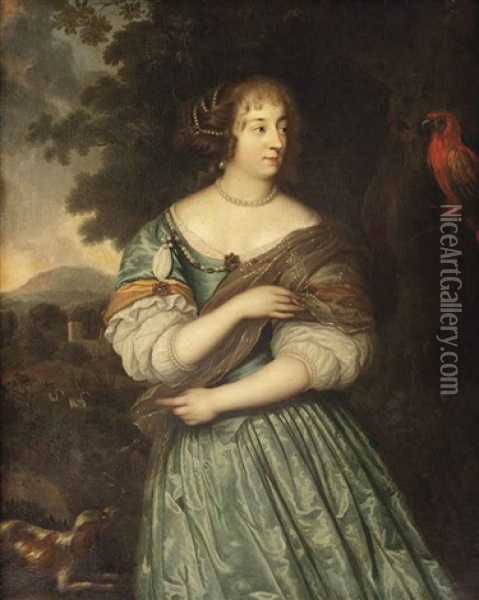 Portrait Of A Lady, In A Blue Dress With Pearls And A Silver Colored Wrap, In A Landscape With A Dog And A Parrot To Her Side Oil Painting - Caspar Netscher