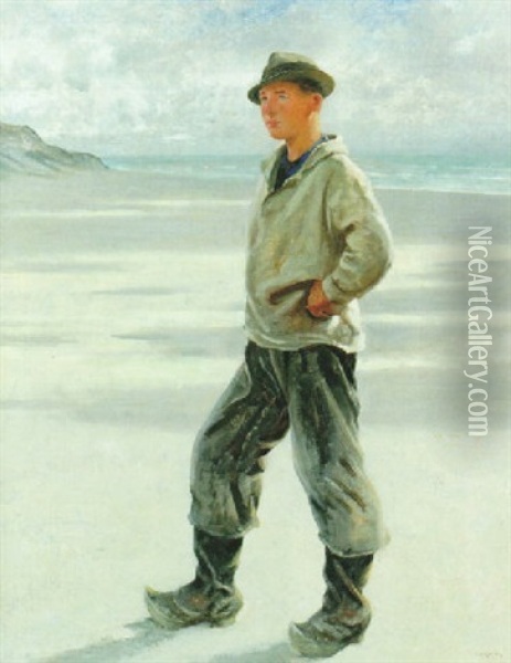 Fiskarpojke Pa Stranden Oil Painting - August Vilhelm Nikolaus Hagborg