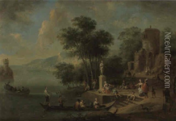 River Landscapes With Peasants And Elegant Figures By A Ferry Oil Painting - Mathys Schoevaerdts