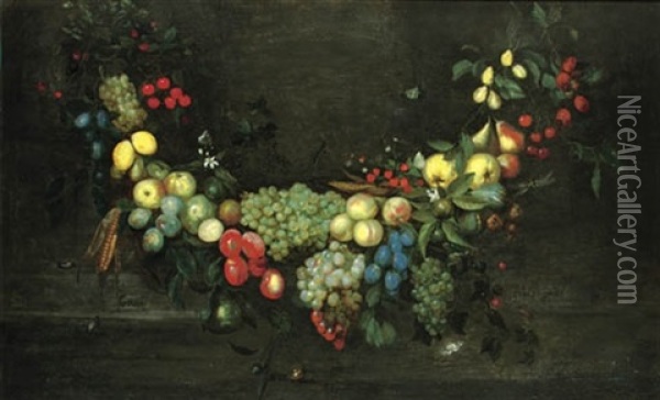A Swag Of Fruit Hanging In A Niche, With Butterflies, Beetles And A Snail Oil Painting - Catharina Ijkens