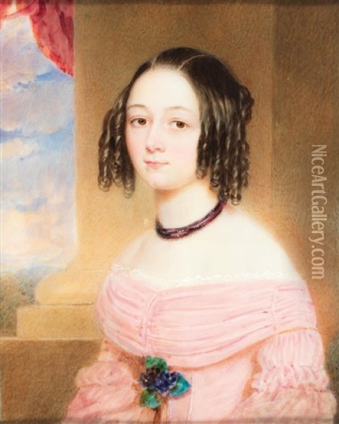 A Portrait Of A Countess Szechy In A Pink Dress Kleid With A Bouquet Of Violets Against A Column And Cloudy Background Oil Painting - Emanuel Thomas Peter