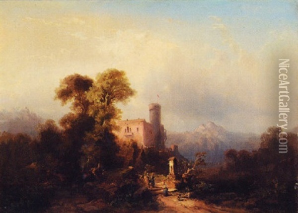Mountainous Landscape With Castle And A Country Well Oil Painting - Edouard De Vigne