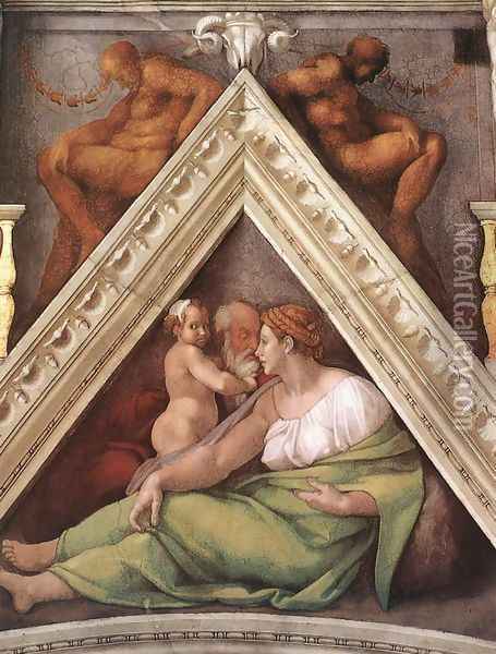 Ancestors of Christ - Hezekiah as a child with father Ahaz and his mother Oil Painting - Michelangelo Buonarroti