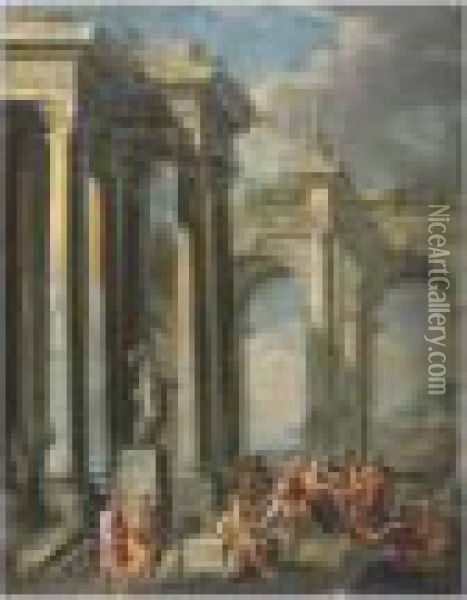 Scene De Predication Dans Des Ruines Oil Painting - Giovanni Ghisolfi