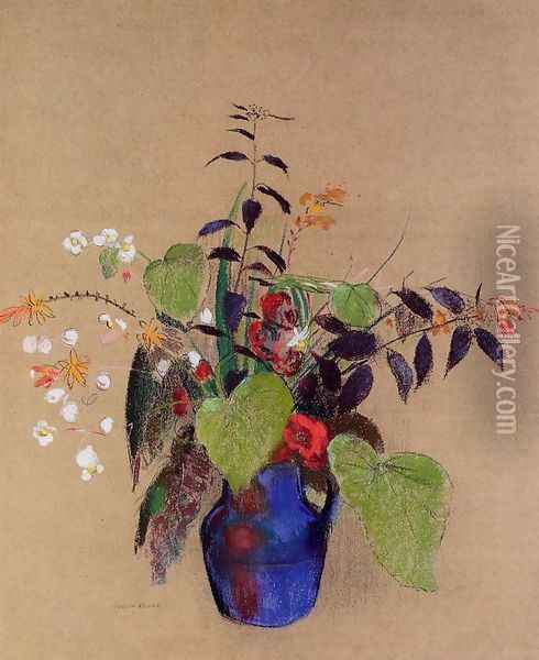 Flowers In A Blue Jug Oil Painting - Odilon Redon
