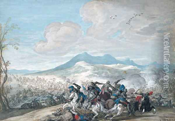 A cavalry skirmish in an extensive mountainous landscape Oil Painting - Johann Wilhelm Baur