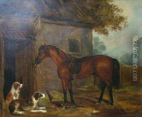 Horse And Dogs Resting Outside A Barn Oil Painting - George Armfield