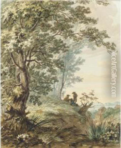 View From The Crest Of A Wooded Hill, With Three Seated Travellers And Houses Beyond Oil Painting - Hermanus Numan