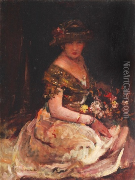 La Femme Fleur Oil Painting - Bertalan (Bartholomaus) Vigh