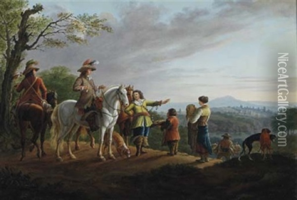 A Hawking Party Surveying A Landscape From An Outcrop Oil Painting - Johann Georg Danner