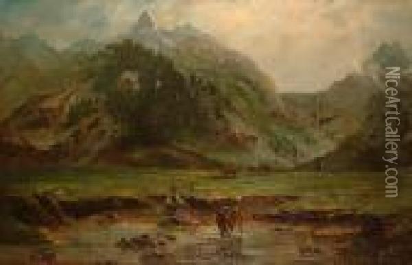 Cattle In An Alpine Water Meadow. Oil Painting - Theodore Esbern Philipsen