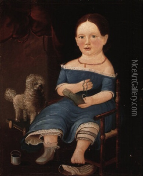 Portrait Of A Young Girl In Blue Dress With Toy Dog Oil Painting - William Matthew Prior
