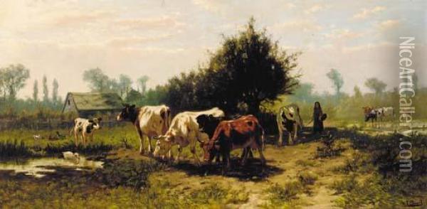 Cattle In A Summer Meadow Oil Painting - W.F. Dupont