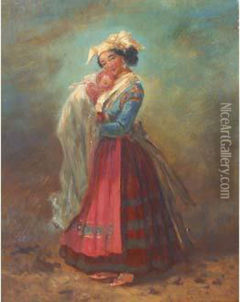Femme Avec Enfant Dans Ses Bras Oil Painting - Antoinette Cecile Hortense Lescot Haudebourt