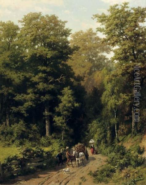 A Farmer With His Cart On A Forest Path Oil Painting - Franz Maria Ingenmey