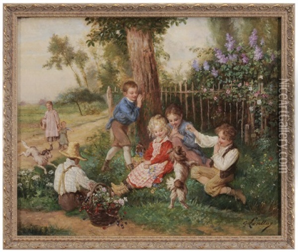 Children And Dogs At Play Oil Painting - Gustave Francois Lasellaz