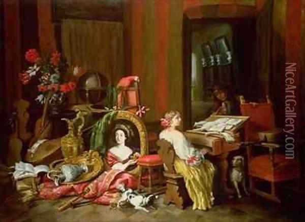 Interior with a Lady at a Harpsichord Oil Painting - Francesco (Il Maltese) Fieravino